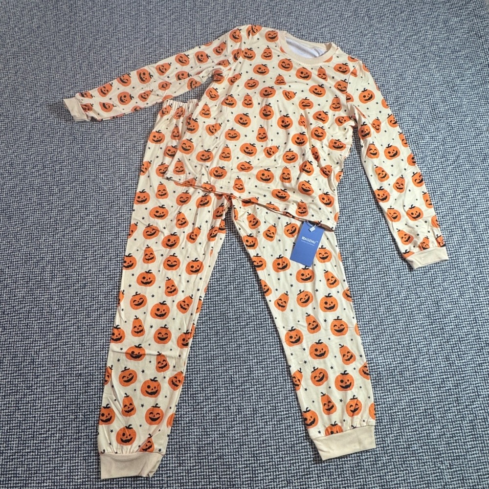 Youth Kids Pumpkin Jack O Lantern Halloween Pajama Set Size 10Y Cream Orange NWT